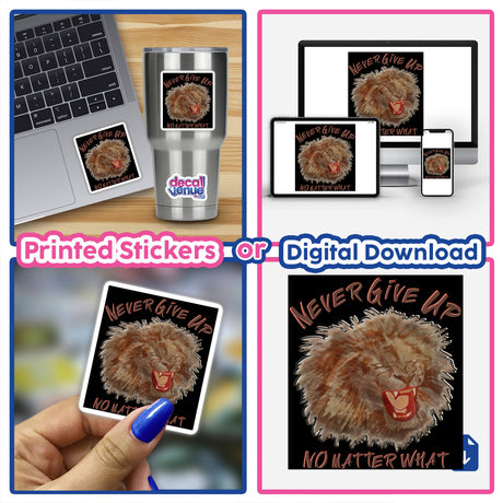 Collage of Never Give Up stickers and digital download featuring fierce lion designs, including a laptop adorned with a sticker, reflecting Decal Venue's unique vinyl and digital art offerings.