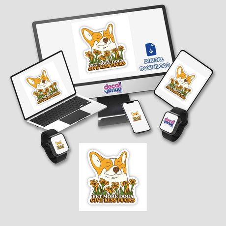 Pet More Dogs Give Less Fu**s sticker featuring a playful dog surrounded by flowers, displayed on a laptop screen amidst various devices, available as vinyl stickers or digital artwork.