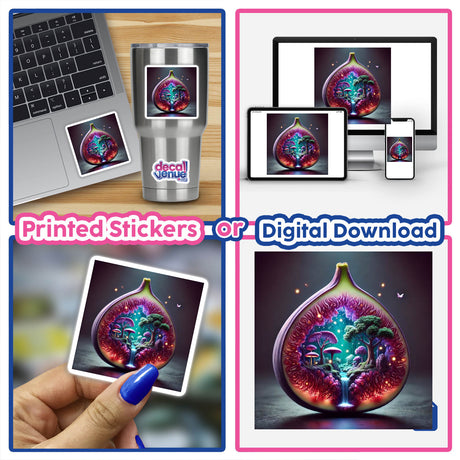 Collage of Enchanted Forest Magical Woodland Inside a Fig stickers and digital artwork, featuring figs with fantastical scenes, close-up of hands holding figs, and a laptop displaying related images.