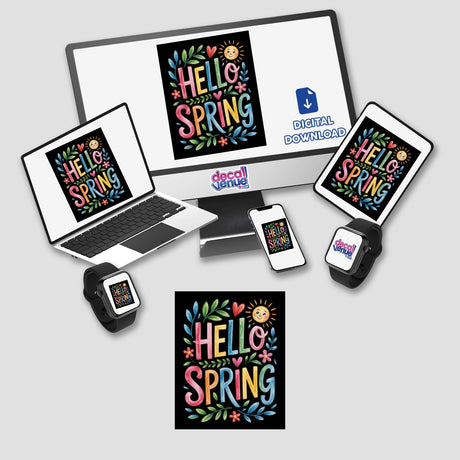 Hello Spring Sticker & Clipart features a cute floral sun graphic displayed on a laptop screen, emphasizing its availability as both stickers and digital artwork with commercial rights.