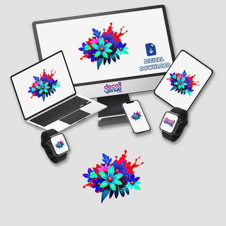 Colorful Spring Flowers design displayed on a computer monitor and laptop, available as stickers or digital artwork, showcasing vibrant floral patterns, offered by Decal Venue for unique decor solutions.