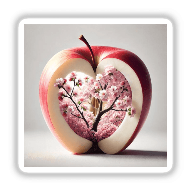 Enchanted Orchard Cherry Blossom Tree Inside an Apple, available as stickers or digital artwork, depicting a tree growing within an apple, highlighting Decal Venue's unique artistic style.