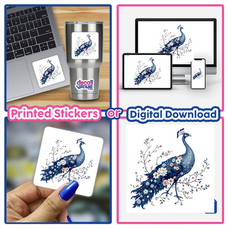 Chinoiserie Peacock artwork collage featuring peacock images, available as stickers or digital artwork. Perfect for fans of unique designs from Decal Venue.
