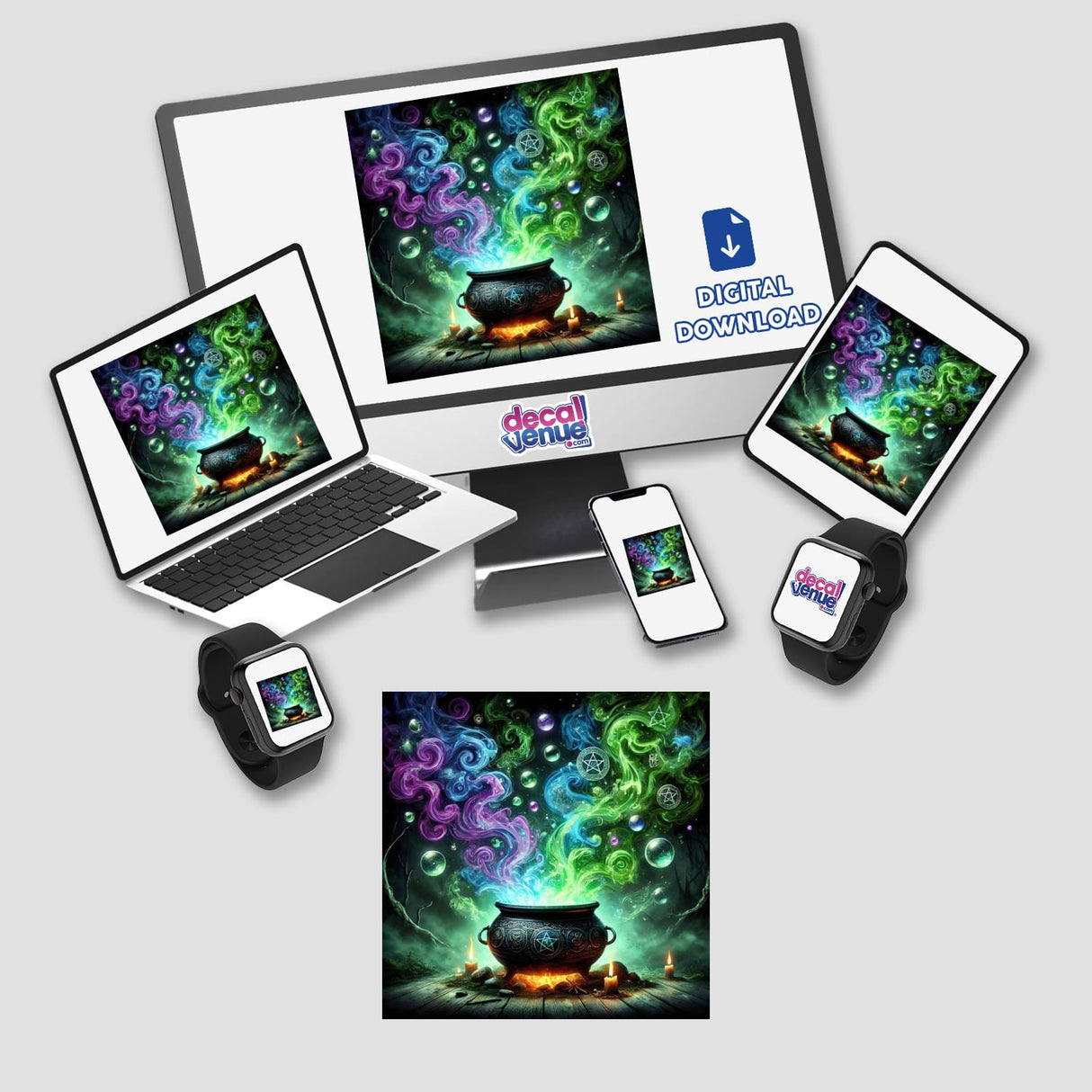 Witch's Brew - A Cauldron Overflowing with Magic displayed on a computer monitor and laptop, showcasing vibrant potion and magic artwork available as stickers or digital download.