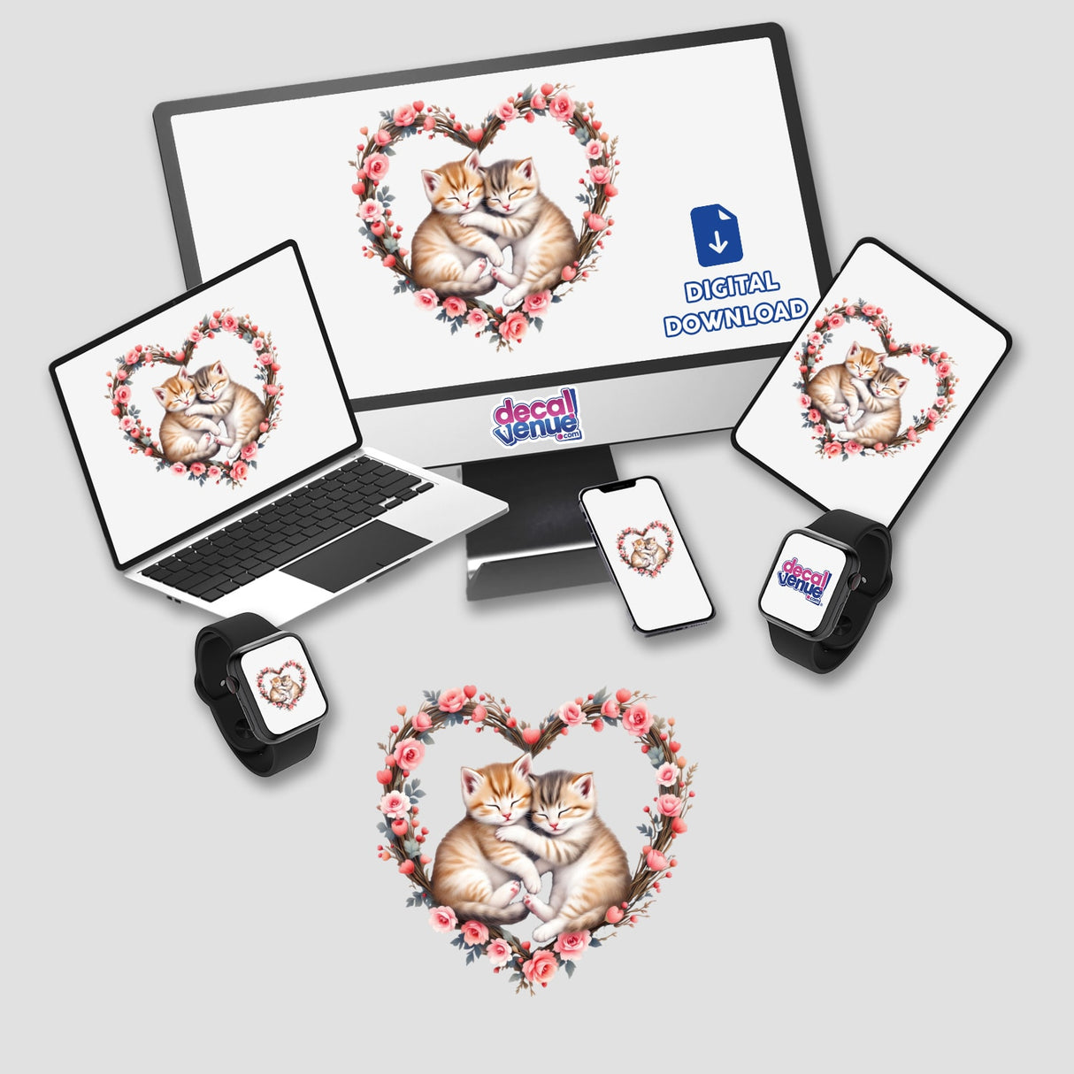 Snuggling Kittens in a Heart Wreath design featuring two kittens cuddling within a floral wreath, available as stickers or digital artwork, perfect for adding warmth and charm to personal items.