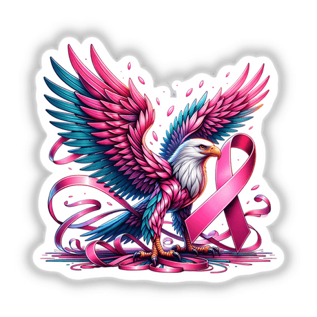 Majestic Eagle Pink Ribbon Breast Cancer Awareness: A detailed illustration of a pink and blue eagle entwined with a ribbon, available as unique stickers or digital art from Decal Venue.