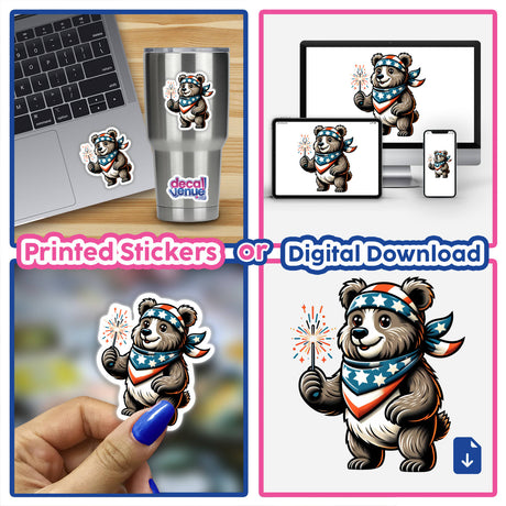 Grizzly Bear Holding Sparkler Wearing Stars and Stripes Bandana