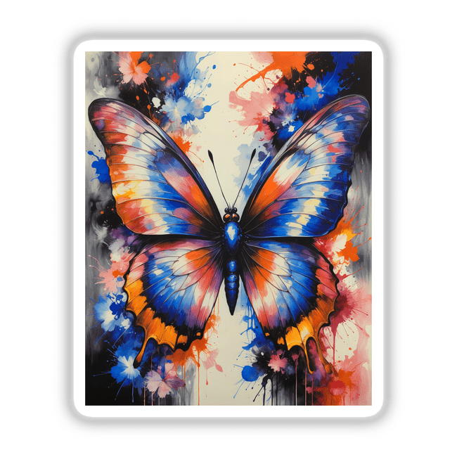 A Pretty Colorful Butterfly painting, showcasing vibrant wings with paint splashes, available as stickers or digital artwork from Decal Venue's unique collection. Ideal for art and nature enthusiasts.