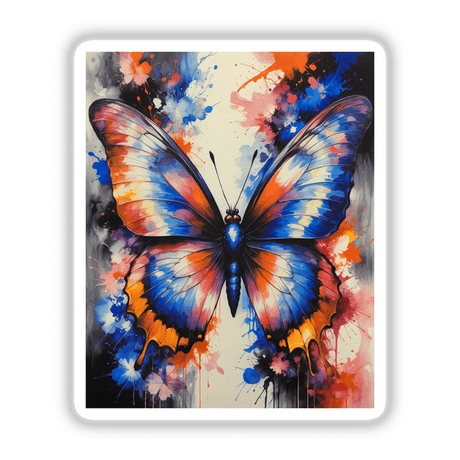 A Pretty Colorful Butterfly painting, showcasing vibrant wings with paint splashes, available as stickers or digital artwork from Decal Venue's unique collection. Ideal for art and nature enthusiasts.