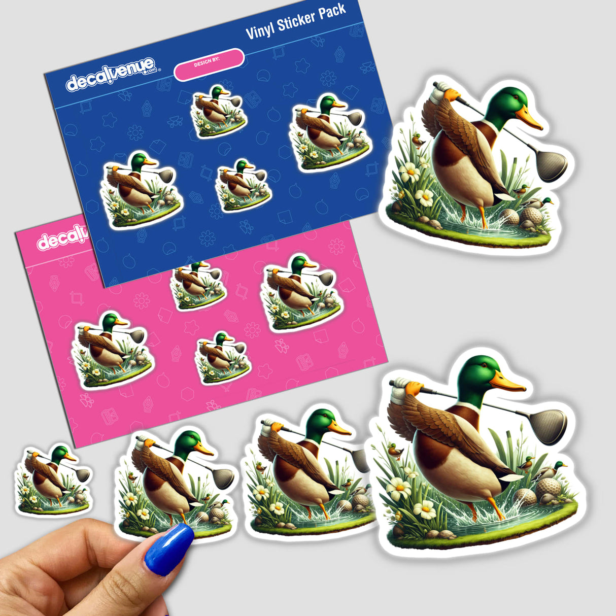 Mallard Duck Golfing on Pond stickers featuring cartoon ducks with golf clubs and nets, available as stickers or digital artwork from Decal Venue.