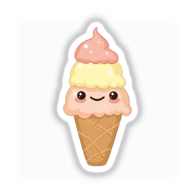 Kawaii Ice Cream Cone Sticker featuring a cartoon cone with a smiling face, perfect for National Ice Cream Day. Available as a decal or food clipart with commercial rights.