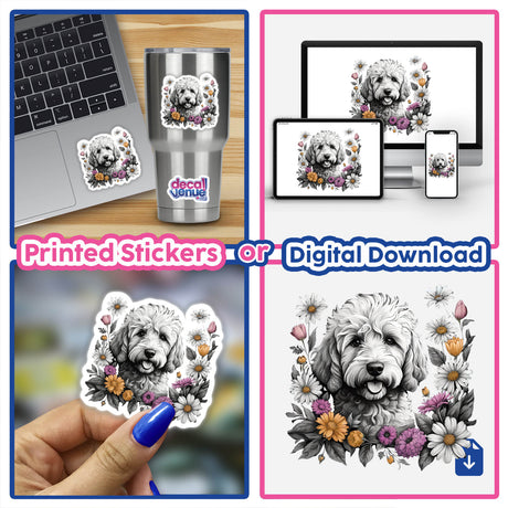 Golden doodle Dog Portrait Floral Accents PA44