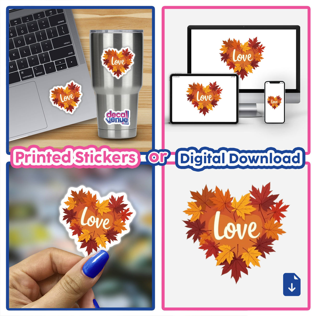 Collage featuring heart-shaped stickers with colorful leaf designs and typography, including one on a laptop; part of the Fall Aesthetic Heart Clipart - Colorful Love Typography collection, available as stickers or digital downloads.