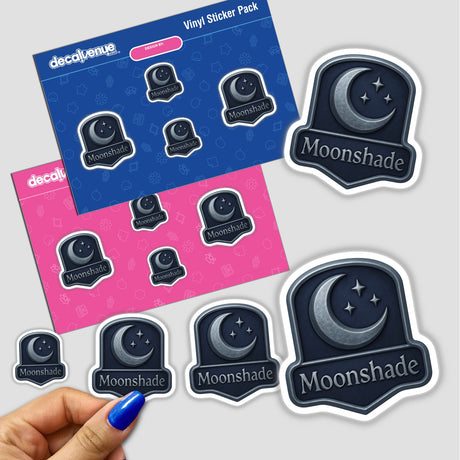 Moonshade – RPG-Style Skill Badge features a Silver & Indigo Night Emblem, available as vinyl stickers or digital artwork, showcasing intricate design elements typical of Decal Venue's unique offerings.