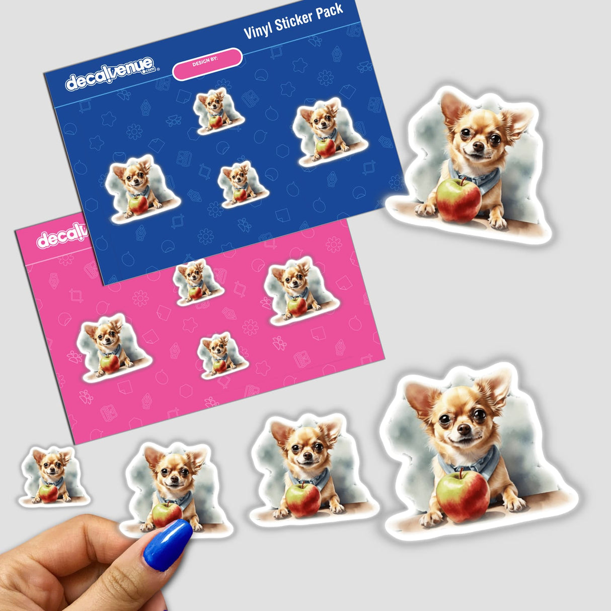 Adorable Chihuahua Clipart – Sticker or Download with Commercial Rights, featuring whimsical illustrations of dogs holding apples, ideal for unique digital artwork or stickers from Decal Venue.