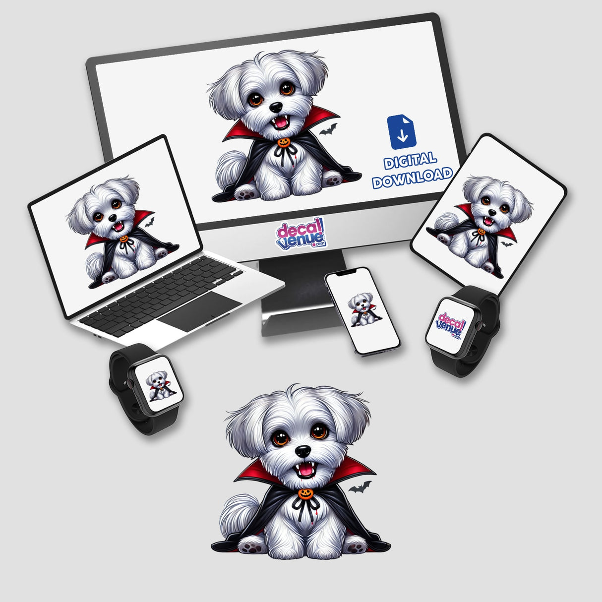 Endearing Maltese Pup in Vampire Costume: Digital Art for Unique Stickers and Downloads from DecalVenue