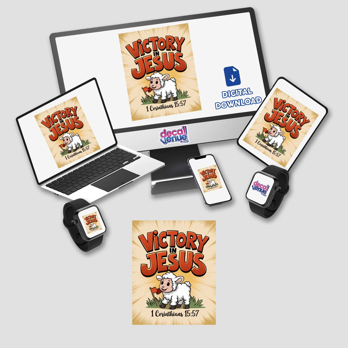 Victory in Jesus' Lamb Christian Sticker featuring a cartoon sheep with a flag on a laptop screen, designed for Resurrection Sunday, inspired by 1 Corinthians 15:57, available as stickers or digital artwork.