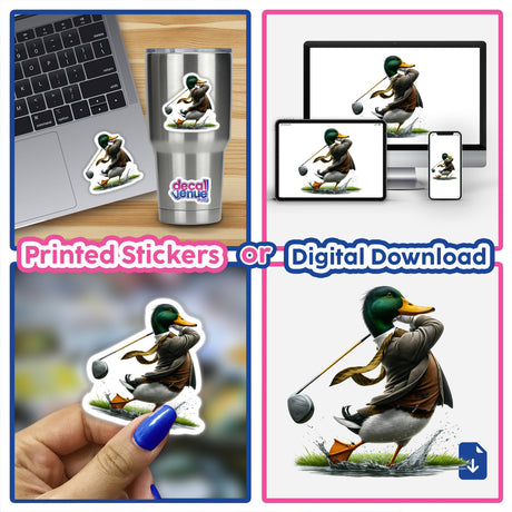 Mallard Duck Golfer Swinging Club II - Digital artwork featuring a duck in a golfing pose, available as printed stickers or digital downloads on the Decal Venue store.