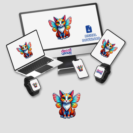 A Cute Geometric Fairy Cat displayed on a computer monitor and laptop, featuring a whimsical cartoon cat with wings, available as stickers or digital artwork from Decal Venue.