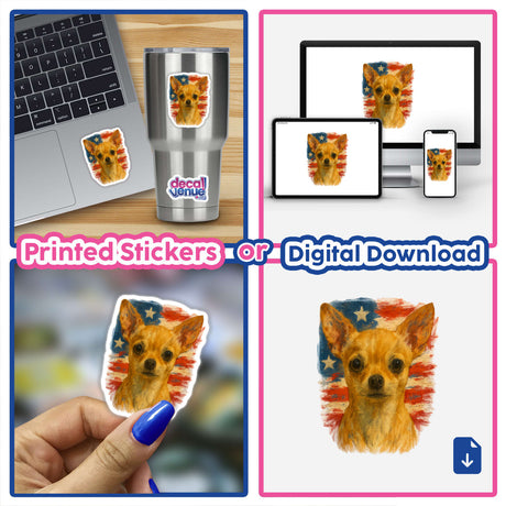Patriotic Chihuahua Sticker – Cute Dog Clipart with American Flag on a laptop, showcasing a hand-painted tan Chihuahua and flag design, ideal for decorating and expressing American pride.
