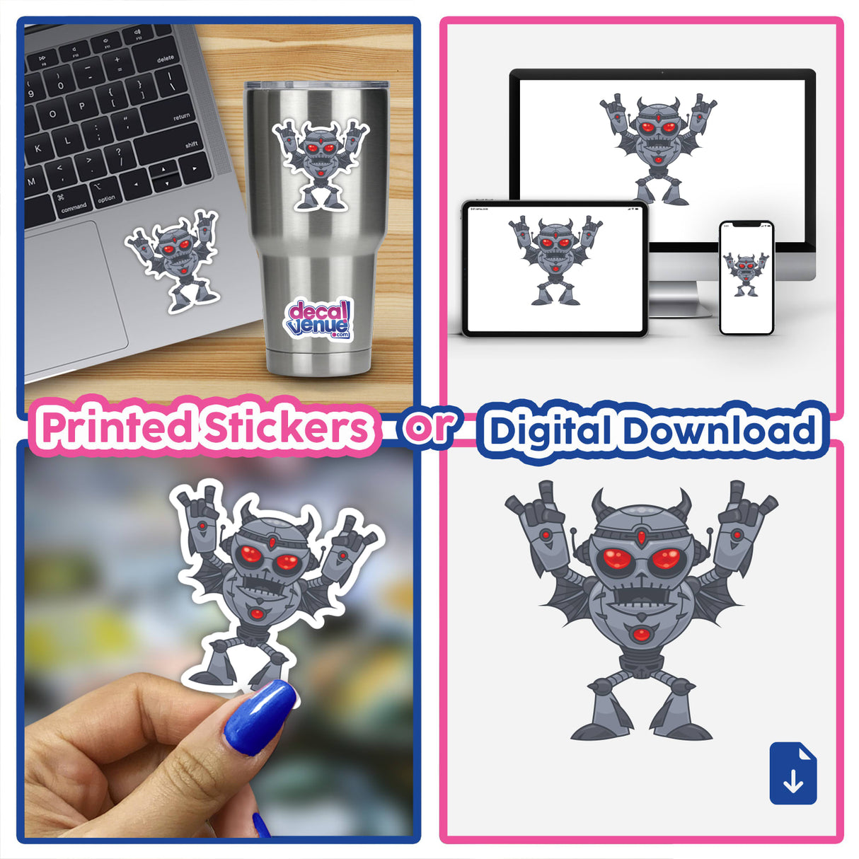 Metalhead - Heavy Metal Robot Devil sticker pack featuring cartoon robot designs, including horns and wings, displayed on various surfaces like laptops and cups, highlighting unique digital art style.
