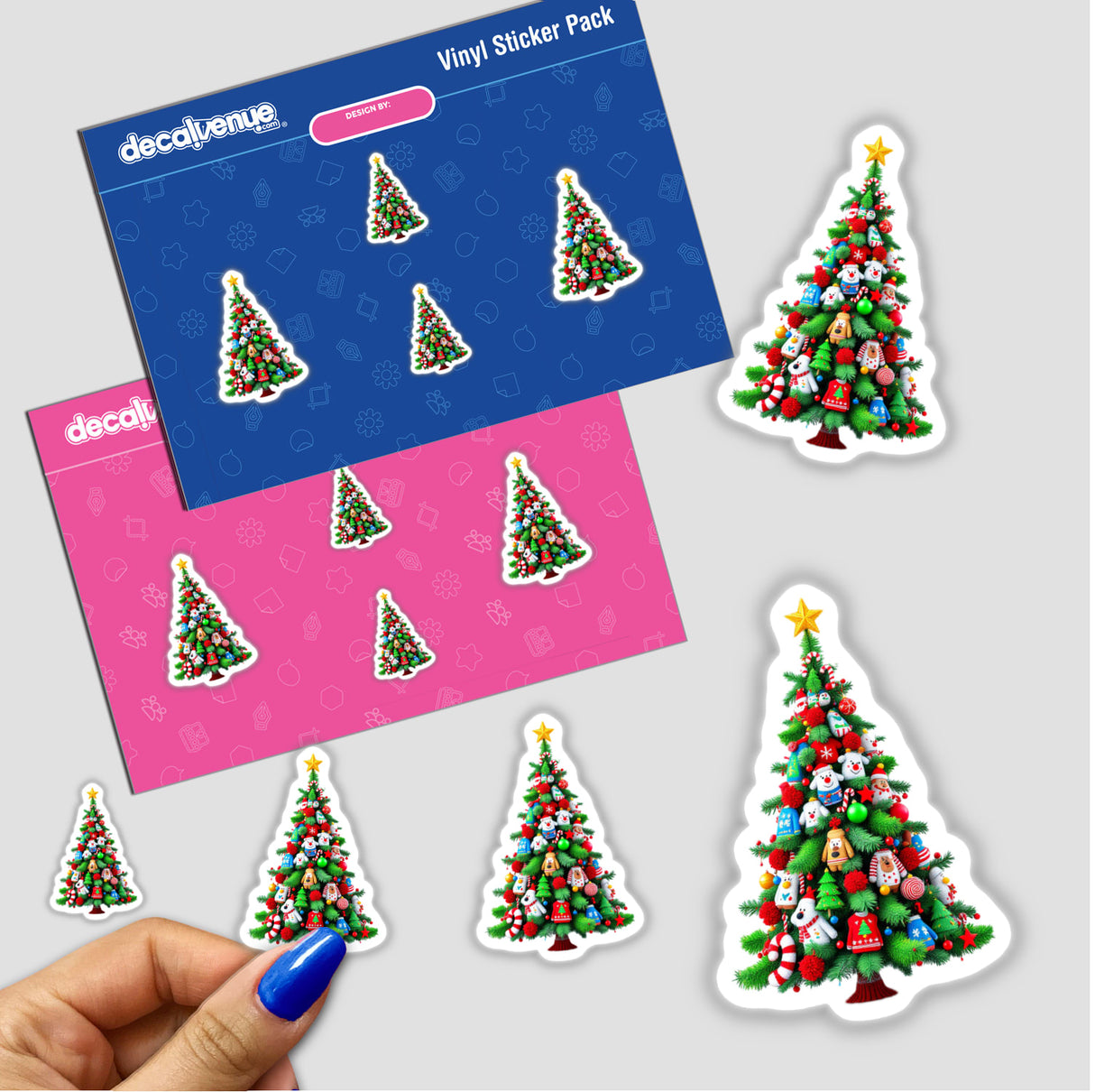 Ugly Christmas Sweater Style Tree stickers featuring a decorated Christmas tree with ornaments, available as unique stickers or digital artwork from Decal Venue.
