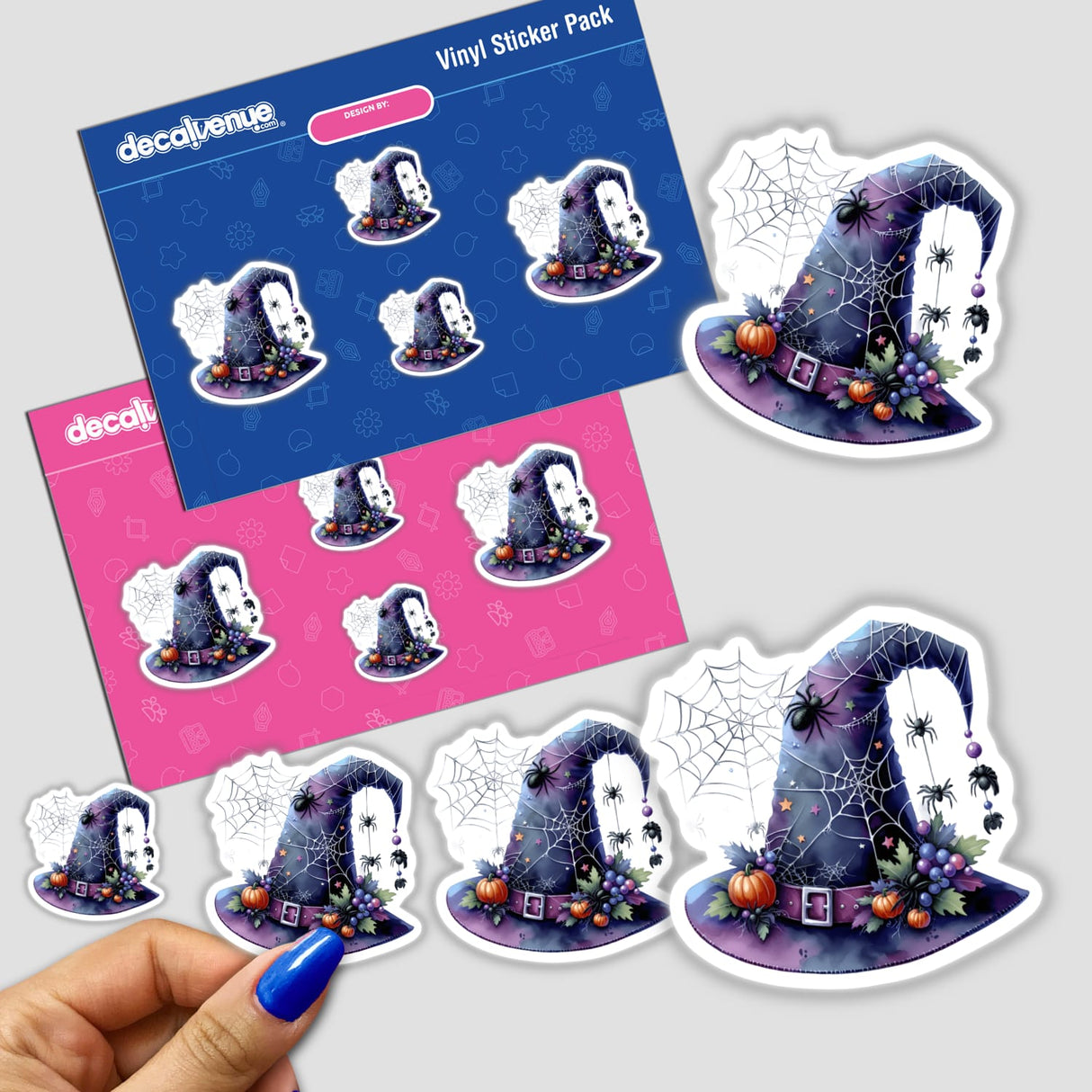Halloween Hat with Spiders sticker pack featuring cartoon designs of hats adorned with spider webs and spiders, available at Decal Venue as unique stickers or digital artwork.
