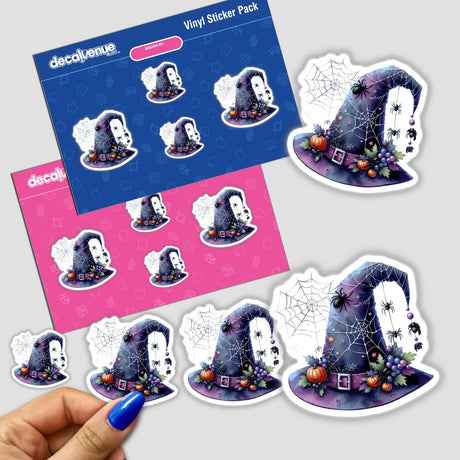 Halloween Hat with Spiders sticker pack featuring cartoon designs of hats adorned with spider webs and spiders, available at Decal Venue as unique stickers or digital artwork.