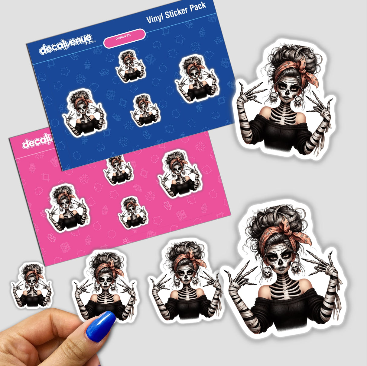 Sticker featuring 'Skeleton Zombie Mama Victory Sign' with a skeleton woman design, showcasing intricate skull makeup and artistic detail, available as stickers or digital artwork from Decal Venue.