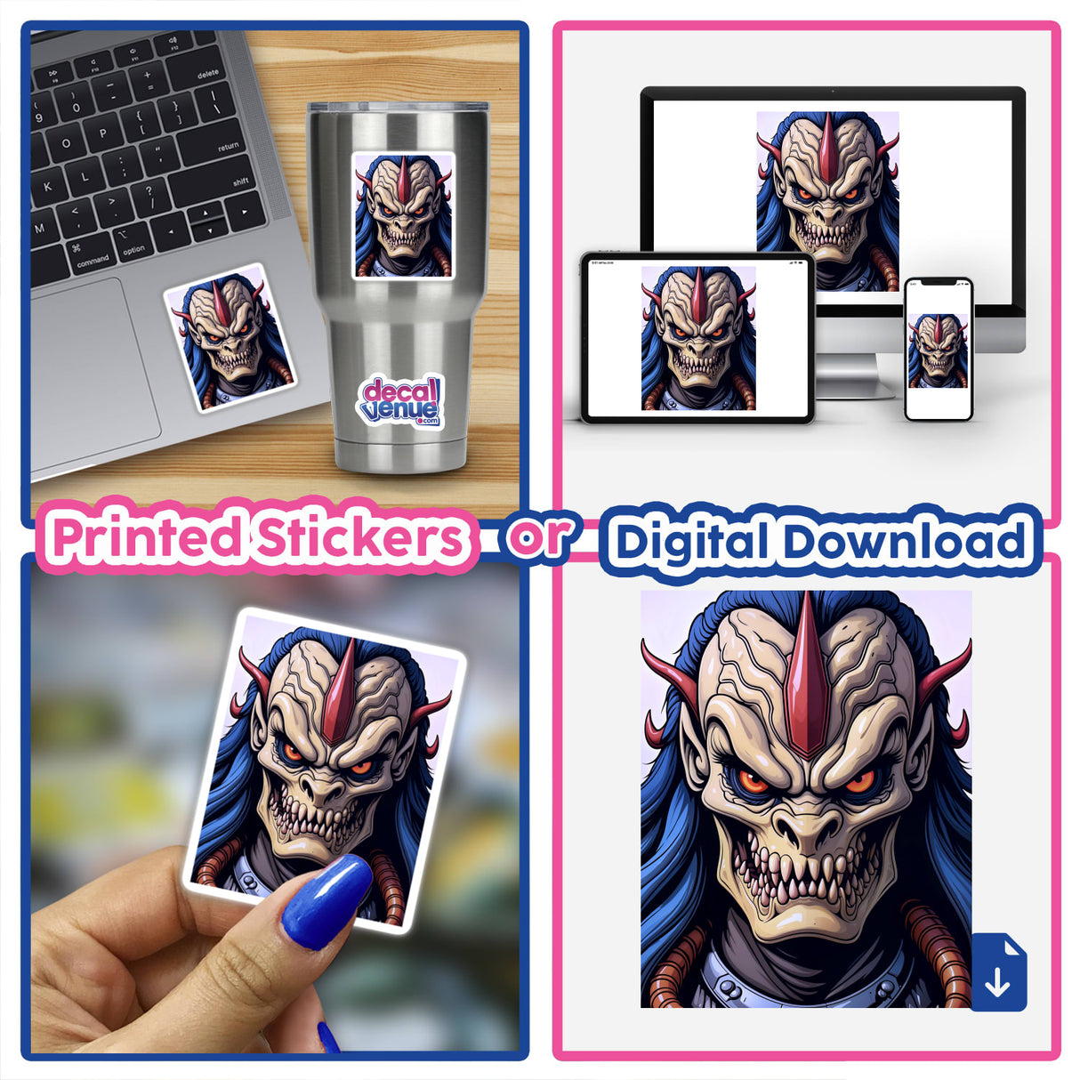 Collage featuring A Cool Alien Predator Soldier sticker on a laptop, showcasing a cartoon monster design, available as stickers or digital artwork from Decal Venue.
