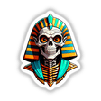 A Cool Egyptian Pharaoh Skull sticker featuring a cartoon skeleton wearing a traditional pharaoh hat with distinctive orange eyes, available as unique stickers or digital artwork from Decal Venue.