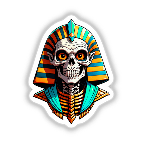 A Cool Egyptian Pharaoh Skull sticker featuring a cartoon skeleton wearing a traditional pharaoh hat with distinctive orange eyes, available as unique stickers or digital artwork from Decal Venue.
