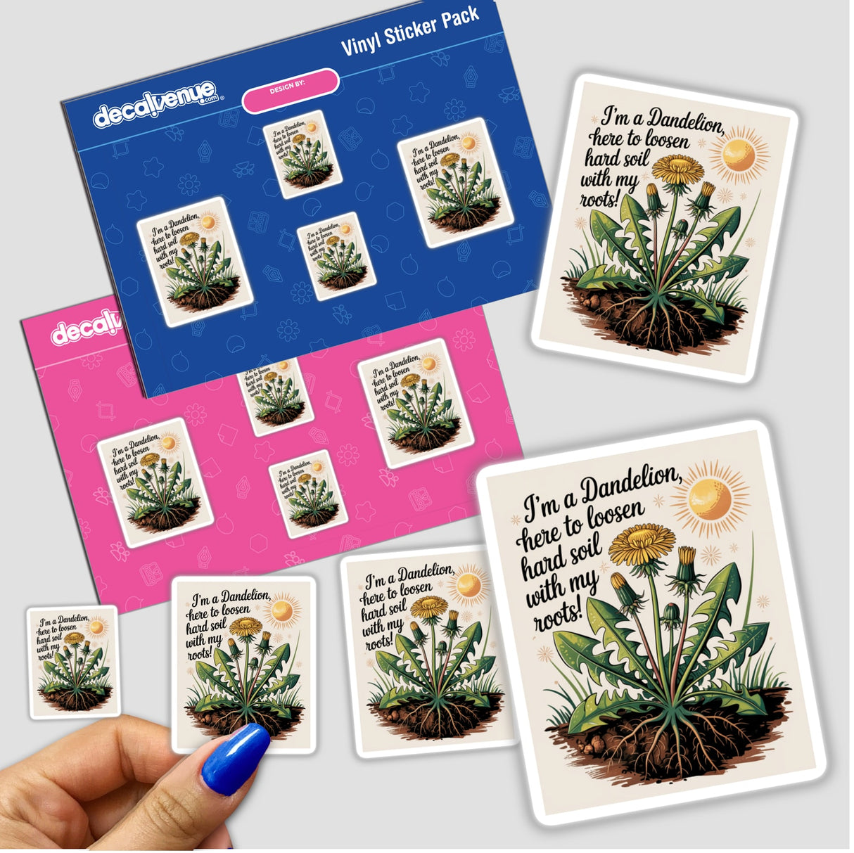 Dandelion Soil Savior Clipart & Sticker, featuring a dandelion motif with accompanying text, available as stickers or digital artwork, suitable for commercial use. A hand holds the sticker pack.