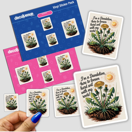 Dandelion Soil Savior Clipart & Sticker, featuring a dandelion motif with accompanying text, available as stickers or digital artwork, suitable for commercial use. A hand holds the sticker pack.