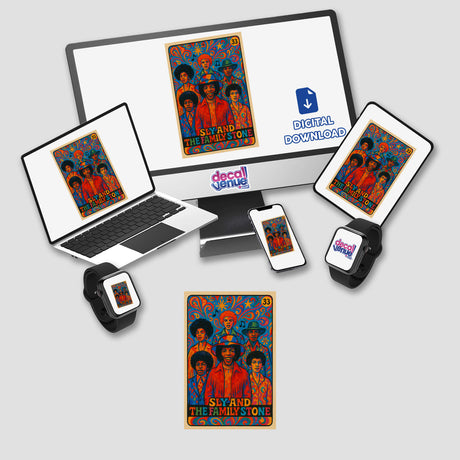 Sly Stone Memorial 1960s Retro Trading Card Art features vibrant psychedelic designs, honoring Sly and the Family Stone. Ideal for posters or stickers; perfect for music fans and collectors.