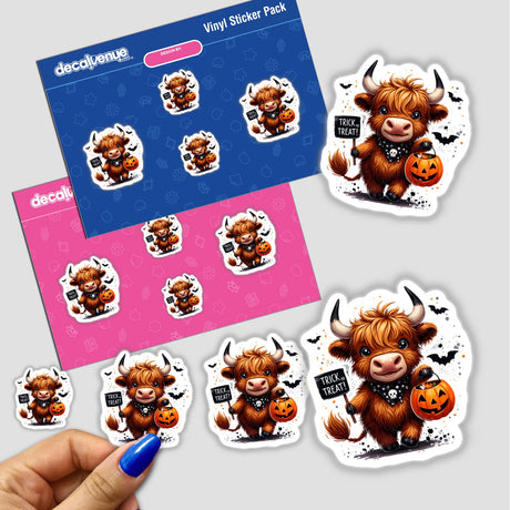 Halloween Highland Cow Trick or Treat stickers featuring a cartoon cow holding a pumpkin basket, ideal for seasonal decorations or digital art collections.