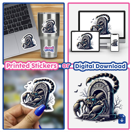 Halloween Scorpion Peeking Out of Tombstone Digital Artwork. Unique stickers and digital downloads to express your style, created by talented designers at Decal Venue.