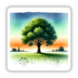 Solitary Tree in Sunset Field - Boho Watercolor Art, depicting a lone tree in a serene field under a vast sky, available as stickers or digital artwork.