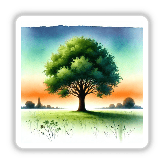 Solitary Tree in Sunset Field - Boho Watercolor Art, depicting a lone tree in a serene field under a vast sky, available as stickers or digital artwork.