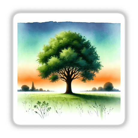 Solitary Tree in Sunset Field - Boho Watercolor Art, depicting a lone tree in a serene field under a vast sky, available as stickers or digital artwork.