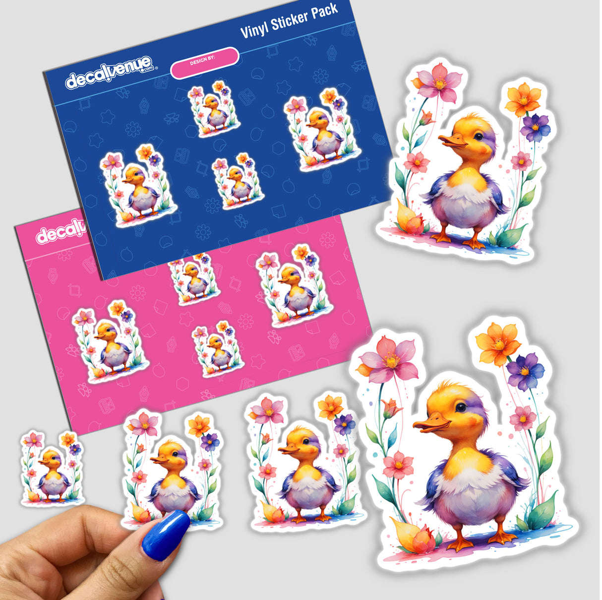 Cute baby duck stickers with blooming flowers, featuring cartoon birds and floral designs. Available as physical stickers or digital artwork from Decal Venue.