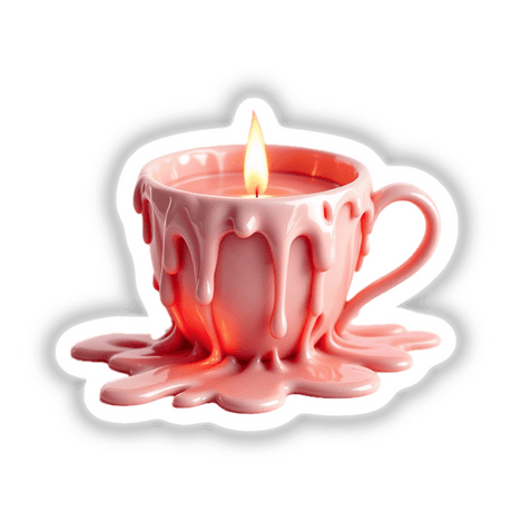 Teacup Dripping Candle Wax: A pink candle set in a teacup with visible melting wax and a flame, capturing the essence of unique stickers and digital art at Decal Venue.