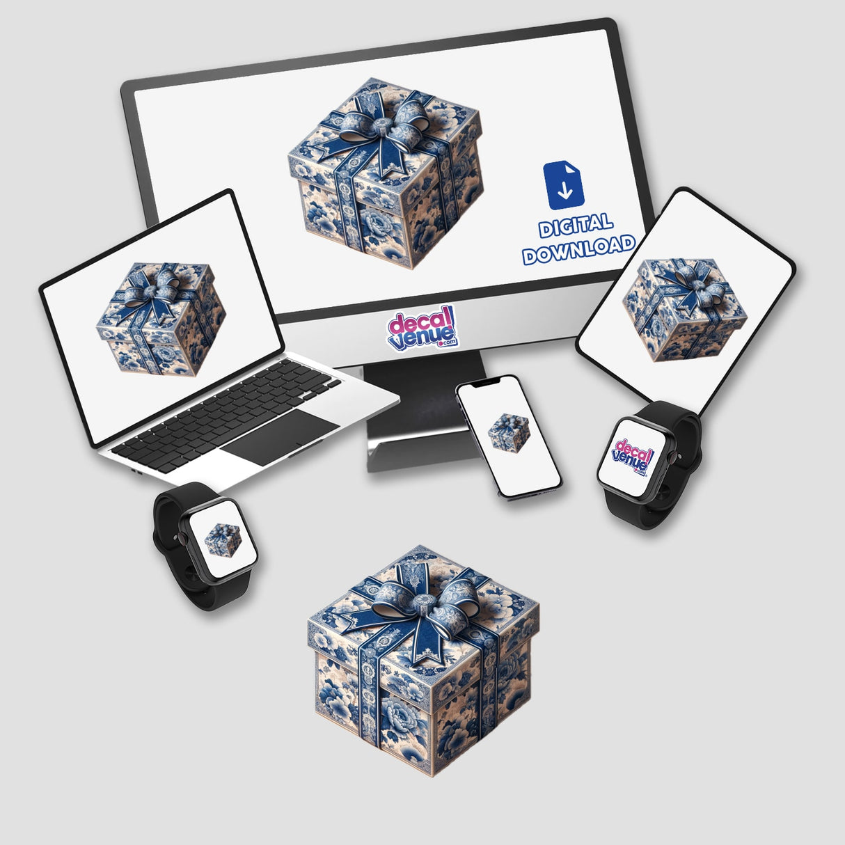 Chinoiserie Gift Box with Bow depicted as digital artwork, featuring a blue and white design. Available as stickers or digital art, reflecting Decal Venue's unique and artistic style.