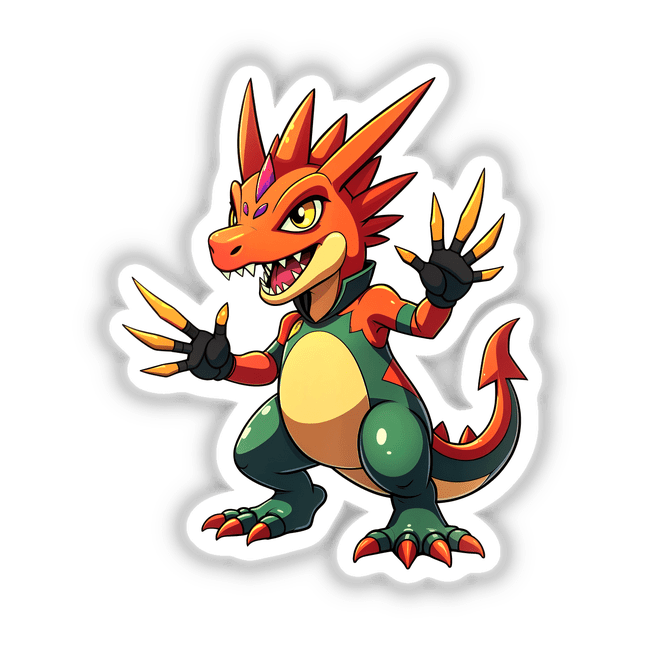 Dino Fighter - Cretaceous Crusher: Cartoon dragon illustration available as stickers or digital artwork, emphasizing bold, animated design perfect for Decal Venue's unique vinyl sticker collection.
