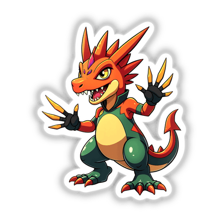 Dino Fighter - Cretaceous Crusher: Cartoon dragon illustration available as stickers or digital artwork, emphasizing bold, animated design perfect for Decal Venue's unique vinyl sticker collection.