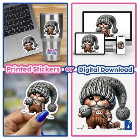 Scottish Fold Cat Gnome holding a ball of yarn, wearing a knitted hat. Available as stickers or digital artwork.