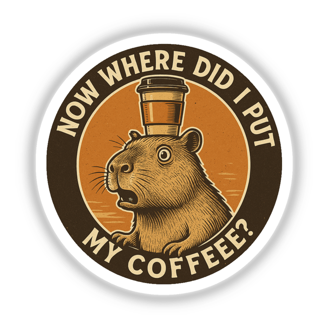 Capybara Coffee Quote Sticker or Clipart with Commercial Rights features a playful retro design, available as stickers or digital artwork, reflecting Decal Venue's unique vinyl and digital art offerings.