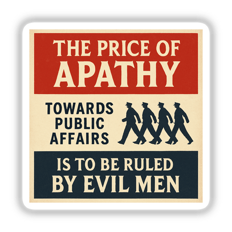 Price of Apathy Plato Quote Sticker featuring vintage poster style with marching silhouettes and bold text; available in various sizes, durable vinyl, perfect for inspiring civic engagement.