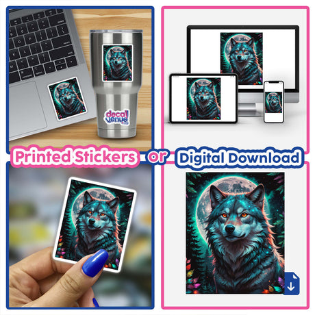 A collage featuring A Wolf In The Night With A Bright Moon as stickers and digital artwork, highlighting a laptop adorned with a wolf and moon sticker.