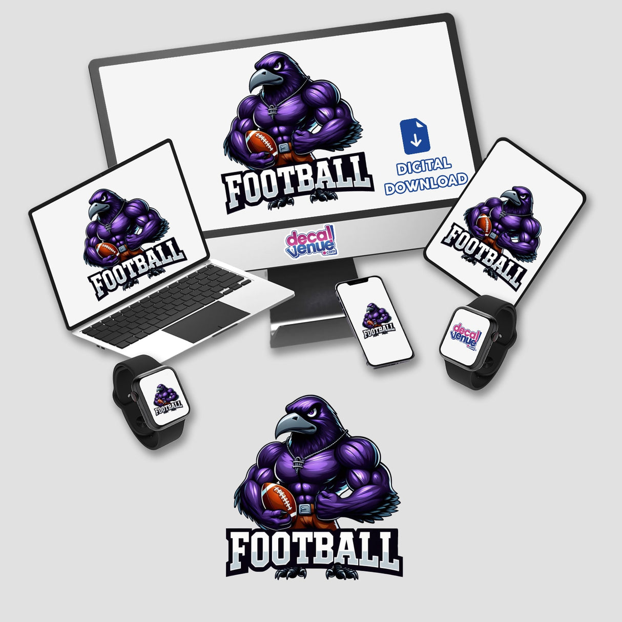 Muscular Raven Bird Holding Football II displayed on various devices, including a computer monitor, laptop, tablet, phone, and smartwatch, showcasing its availability as stickers or digital artwork.